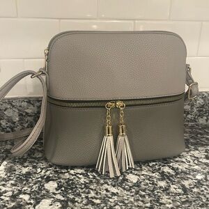 Gray Two-Tone Crossbody Bag with Tassel Accents